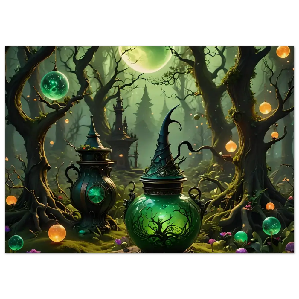 Green witchs potion jar with pointed hat lid, rustic magical wall art for witchcraft decor