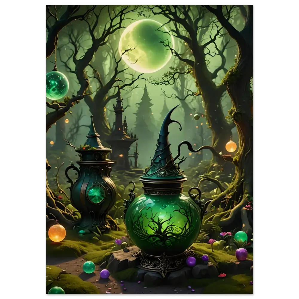Green magical potion pot in rustic Witchcraft Forest Wood Print Wall Art
