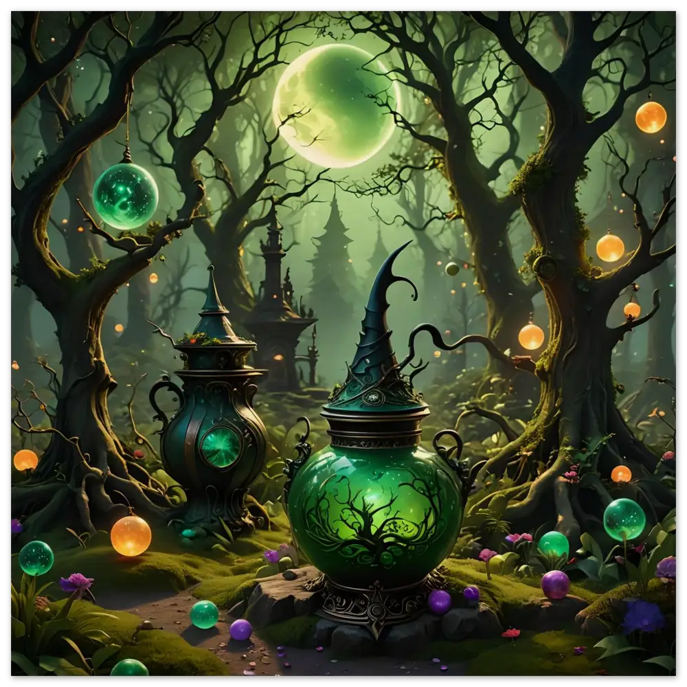 Glowing green witch’s cauldron rustic magical forest wood wall art