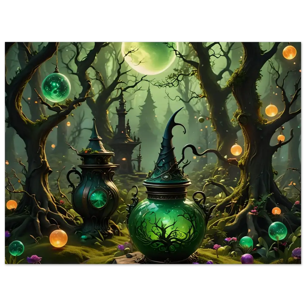 Green witch’s brew pot with pointed hat lid on rustic magical wall art scene