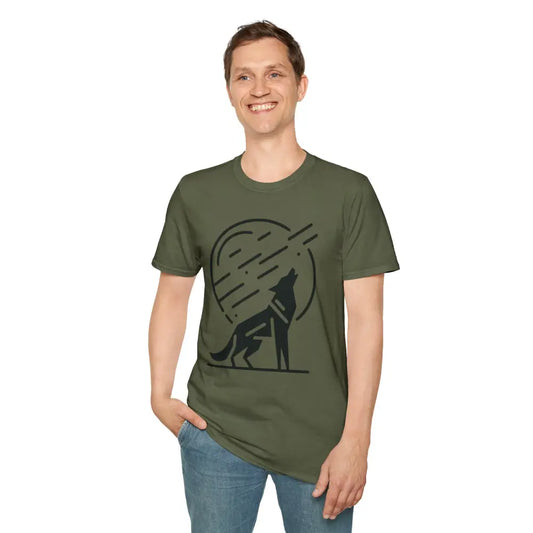 Unisex softstyle t-shirt with howling wolf and moon graphic perfect for outdoor lovers