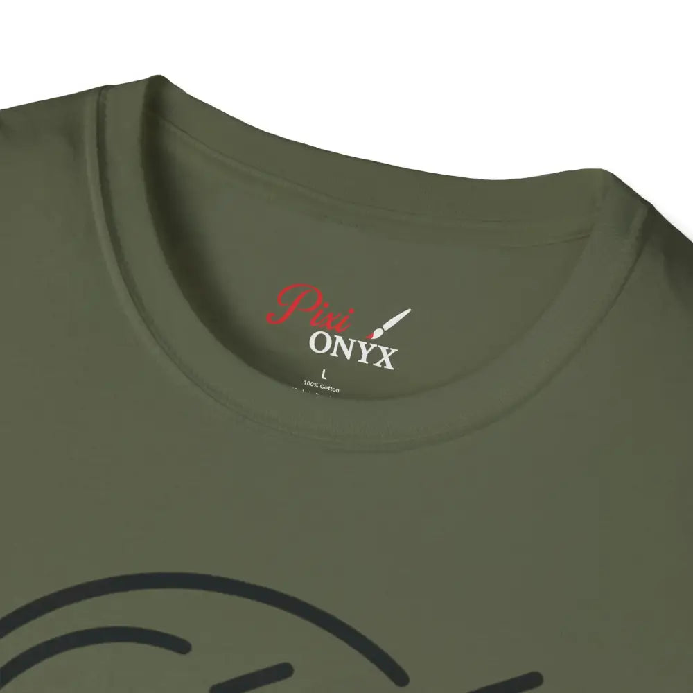 Olive green unisex softstyle t-shirt with wolf howling design, easy tumble dry, care instructions