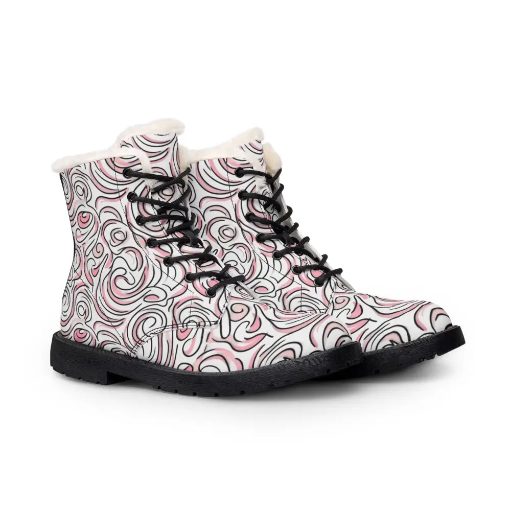 Women’s fur-lined leather boots with pink swirl pattern and fluffy white shearling lining perfect lined winter boots blend