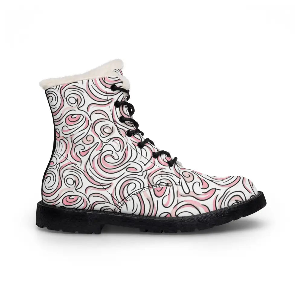 White leather women’s fur-lined winter boots with pink and black swirl pattern and plush lining for warmth