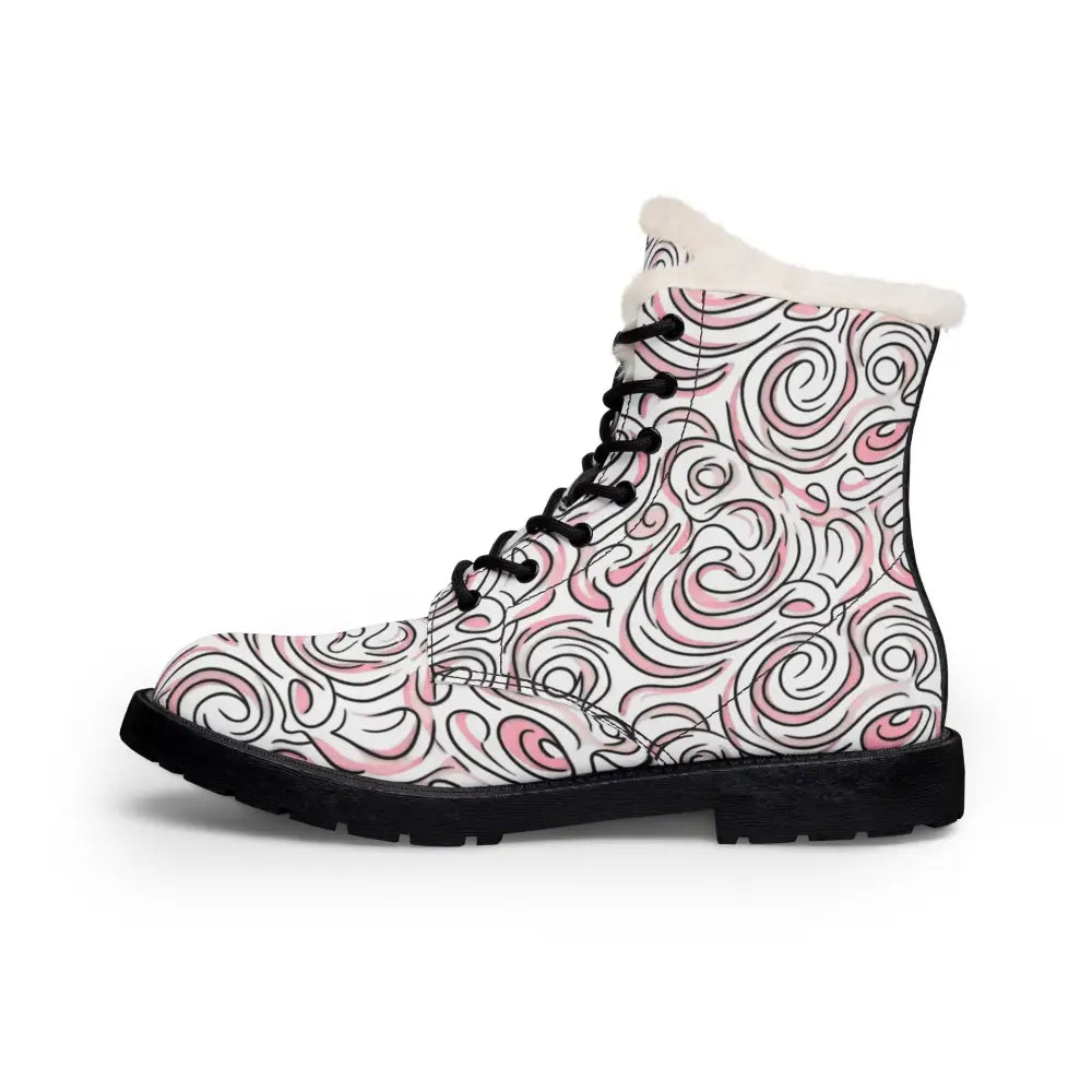 Women’s fur-lined leather ankle winter boots in pink swirl pattern with black laces and fluffy white lining