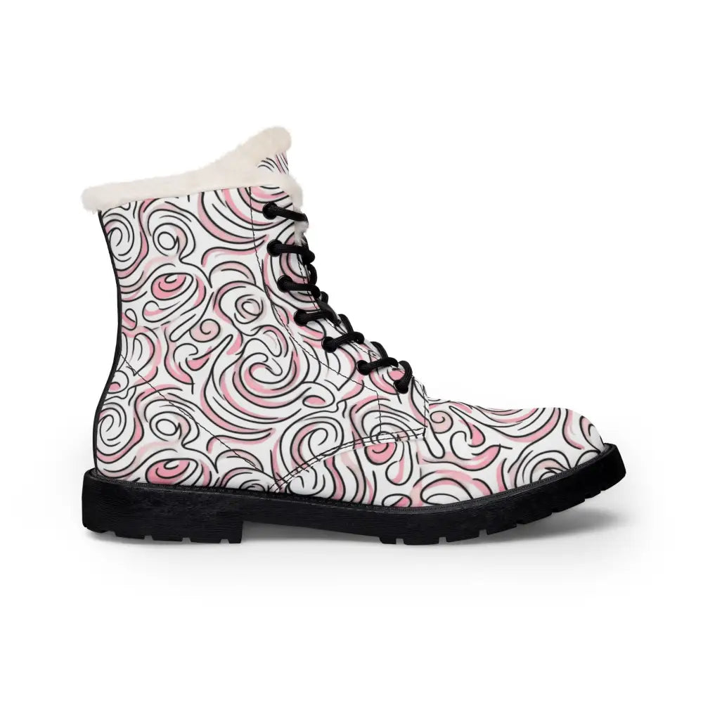 Women’s fur-lined leather ankle boots with pink swirl pattern black laces and fluffy white lining winter boots blend