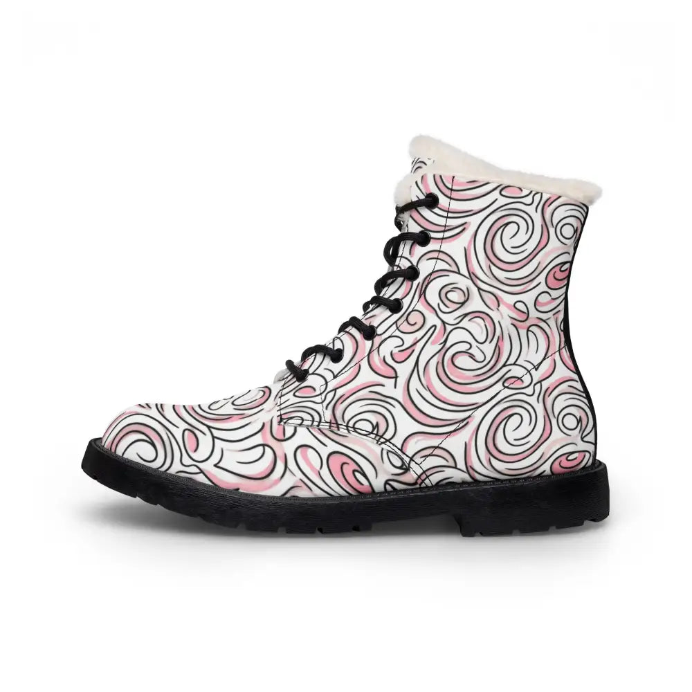 Women’s fur-lined leather boots with pink swirl pattern, plush white collar lining, black laces, and sturdy rubber sole winter boots blend