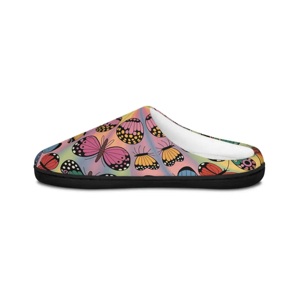 Vivid butterfly symmetries on Kaleidoscope Flight Women’s Indoor Slippers by PixiOnyx