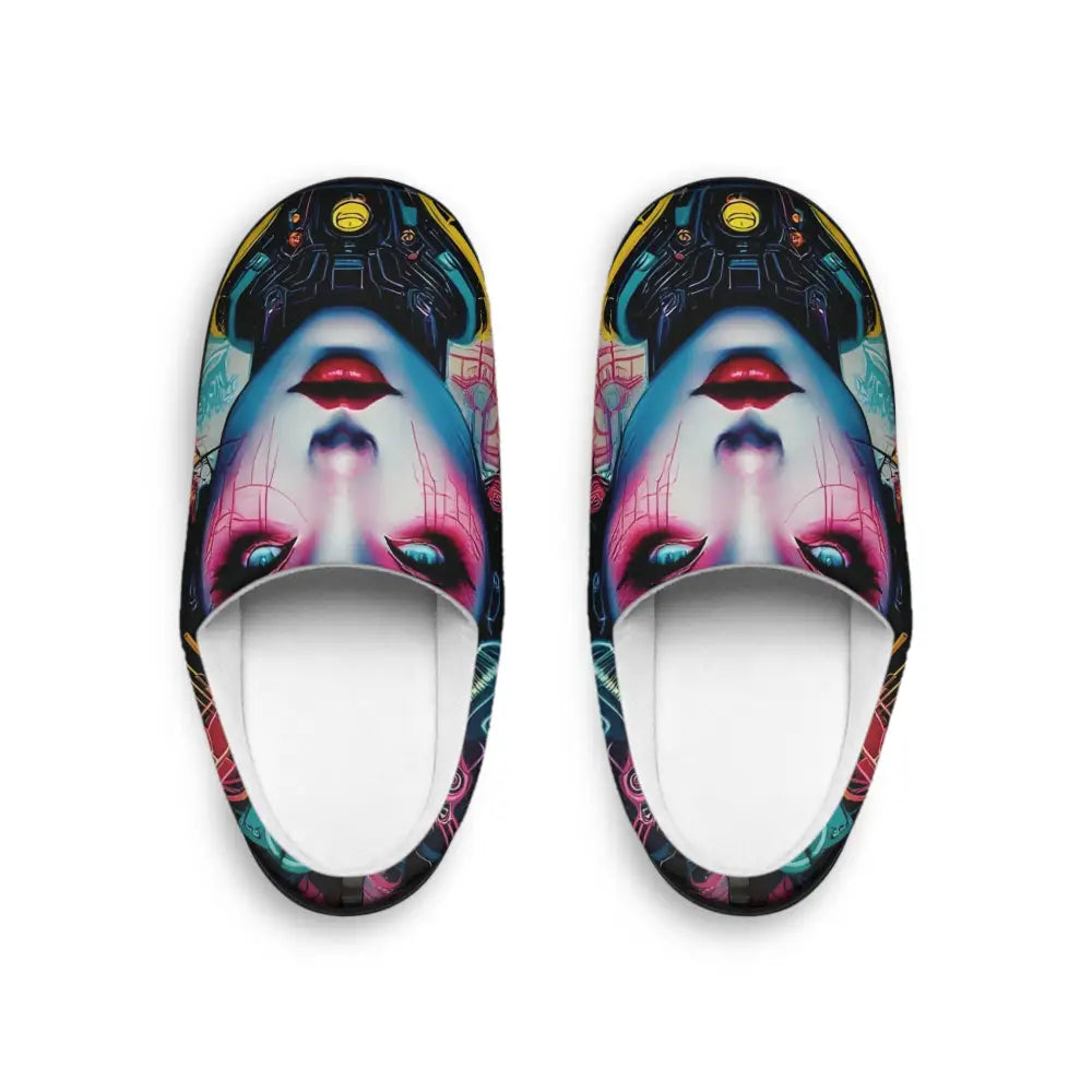 Cyberpunk-themed slippers with futuristic design in Women’s Indoor Slippers Mech Shrine Geisha by PixiOnyx
