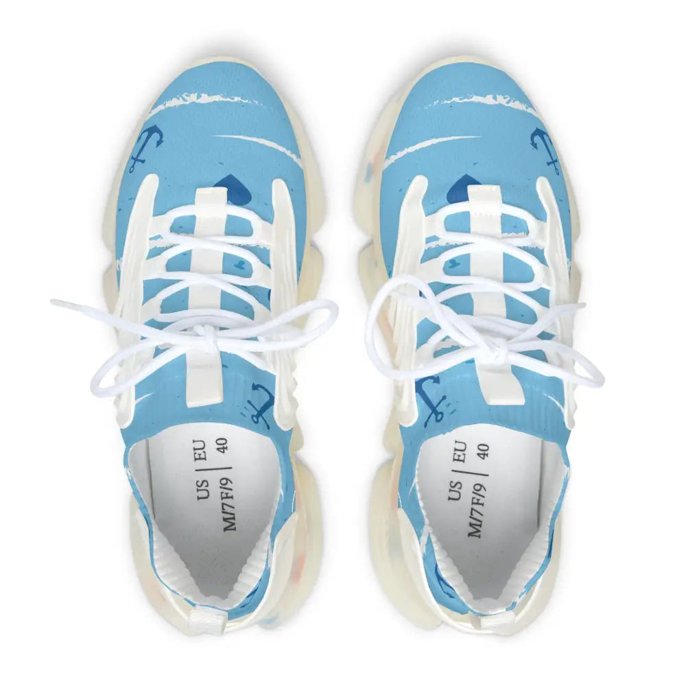 Women mesh sneakers in light blue with white laces and anchor designs featuring eva shock-absorbing sole and deodorant memory-foam insole