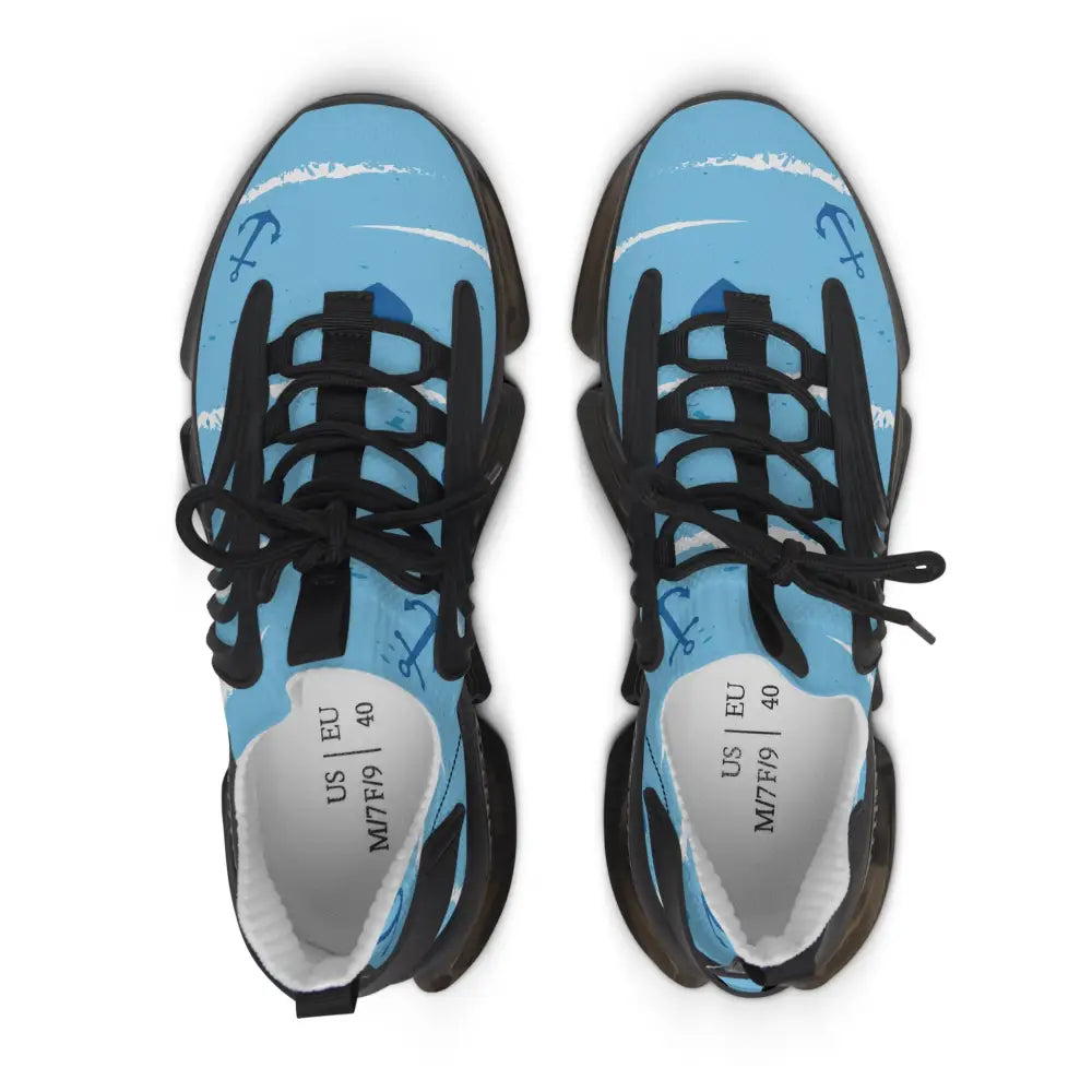 Women’s light blue mesh sneakers with nautical anchor design, eva shock-absorbing sole, deodorant memory-foam insole