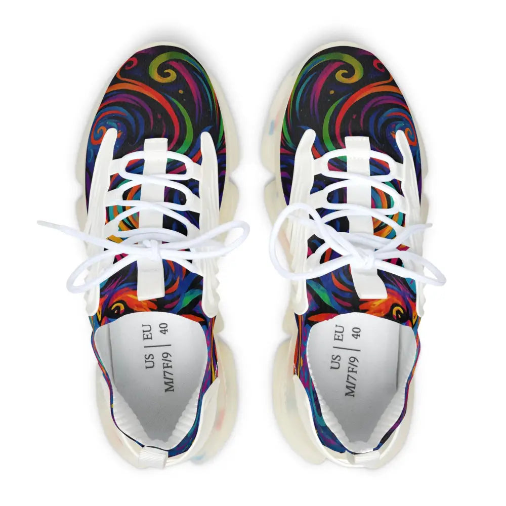 Colorful swirl-patterned Women’s Mesh Sneakers Neon Flame PixiOnyx Athletic Artwear