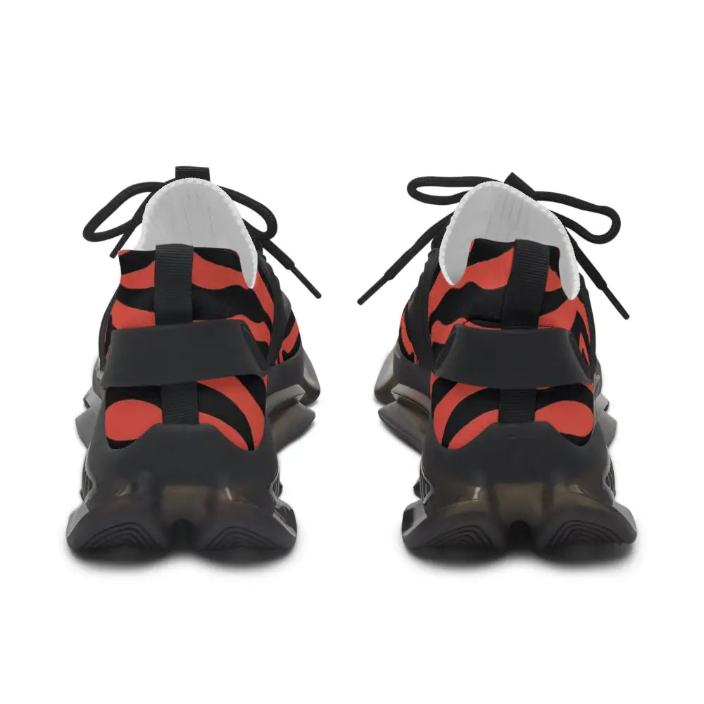 Women’s red black zebra mesh sneakers with black orange tiger stripes, lightweight eva sole, and deodorant memory foam