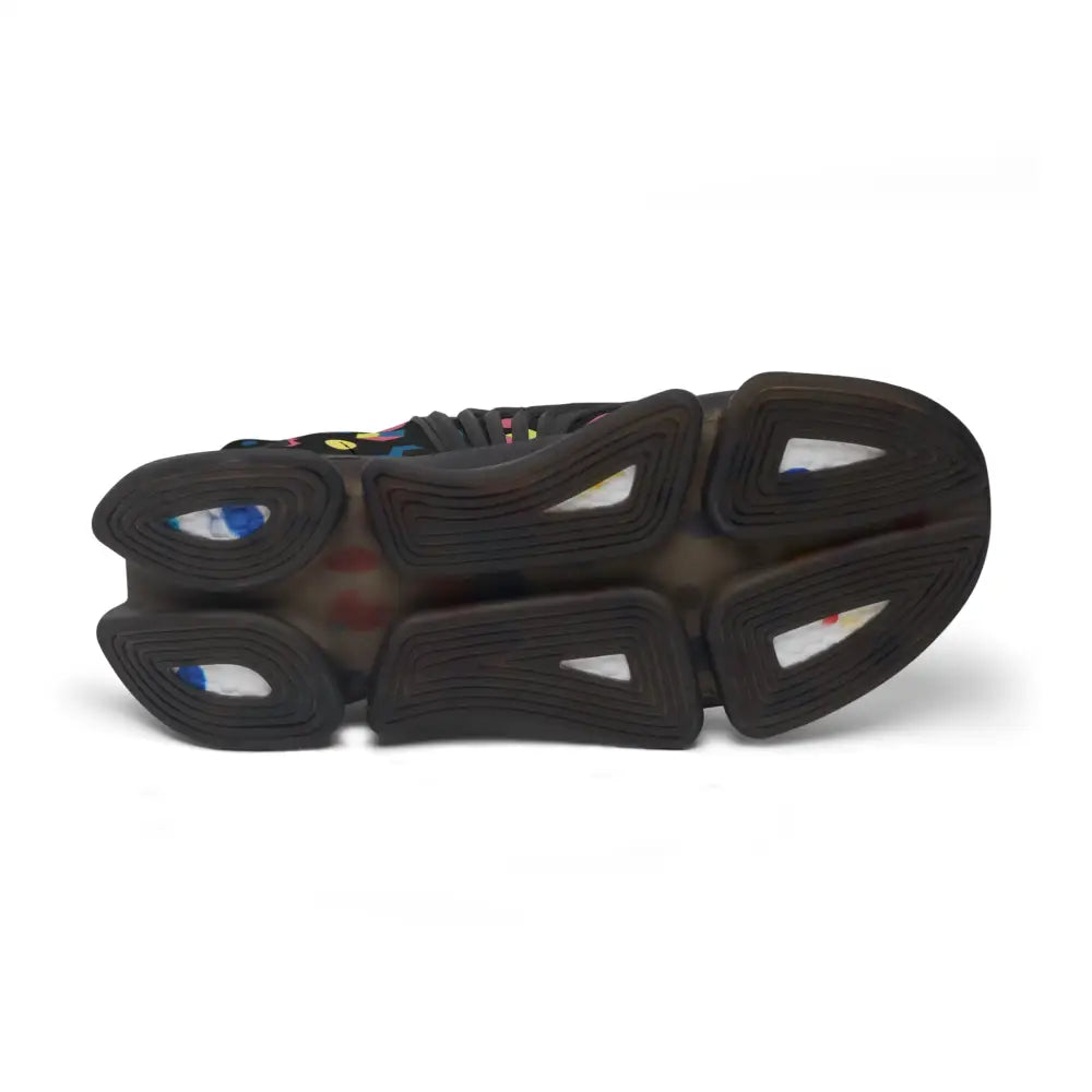 Black rubber eva shock-absorbing sole with translucent sections showing colorful internal patterns on women’s mesh sneakers