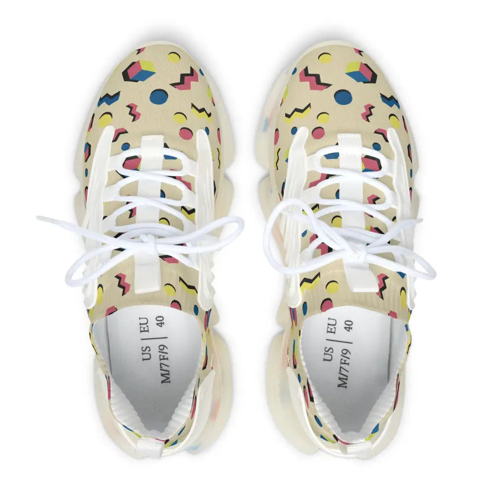 Women’s retro geometric mesh sneakers with playful 80s pattern on durable kpu and eva shock-absorbing sole