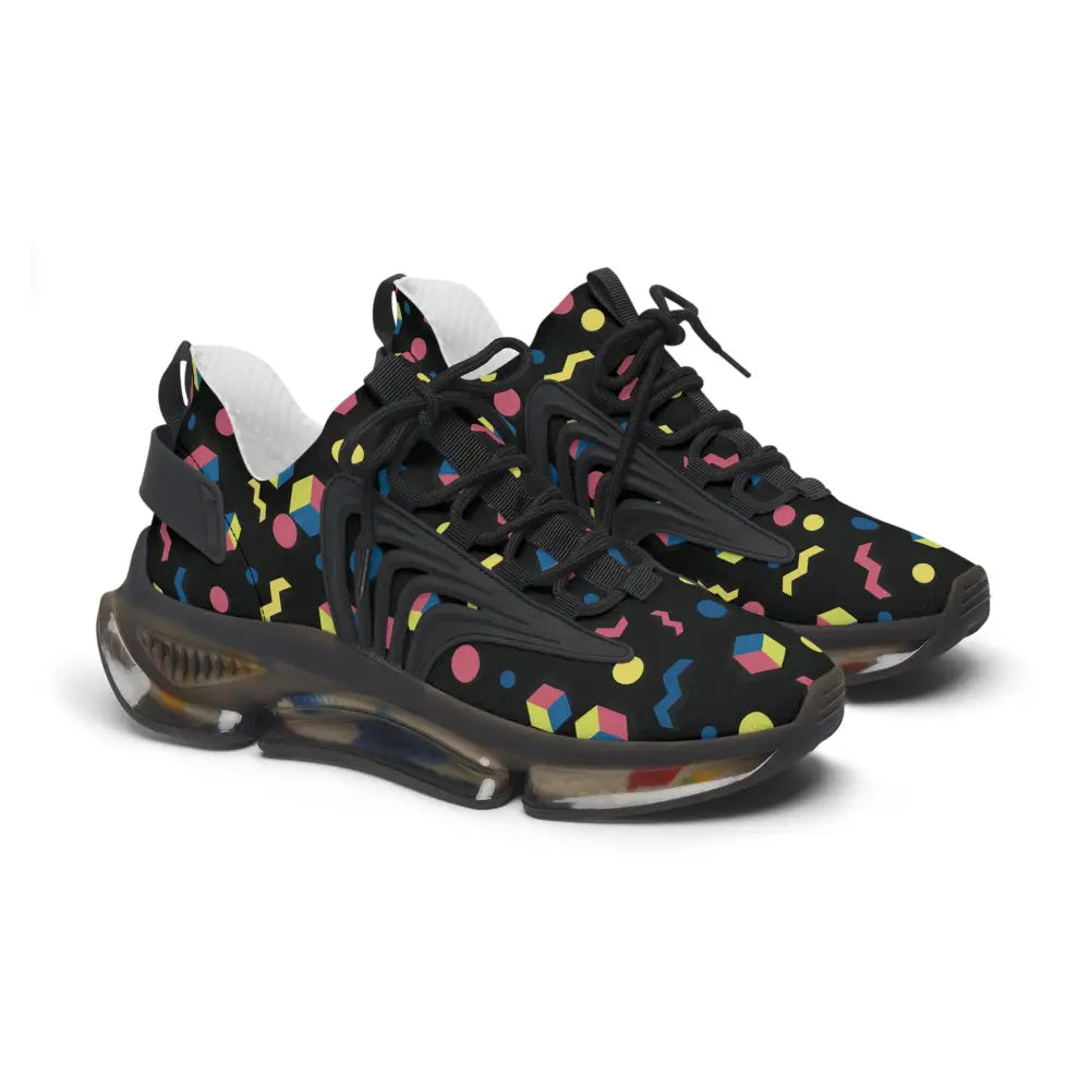 Women’s retro geometric mesh sneakers in black with vibrant 90s memphis pattern and eva shock-absorbing sole