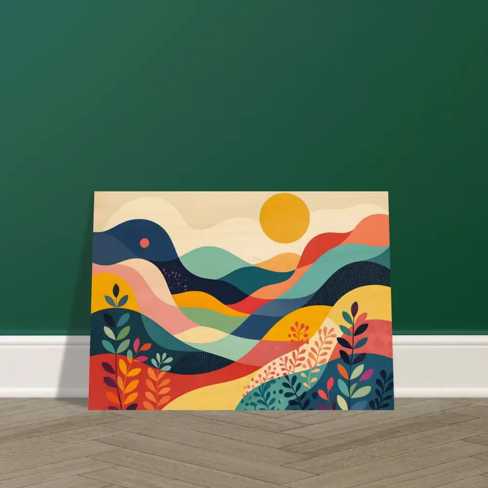 Colorful abstract landscape painting printed on wood for a warm Nature Dreamscape look