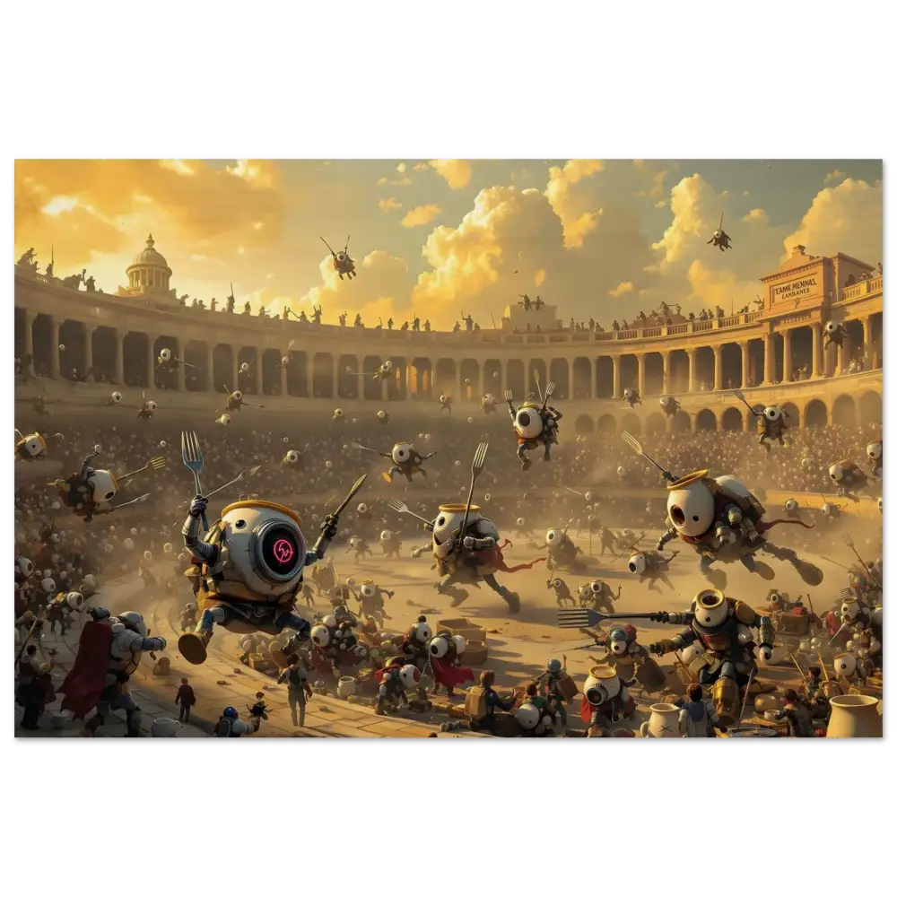 Robotic gladiatorial combat scene on Wood Print for Battle of the Breakfast Bots PixiOnyx Rustic Riot Edition