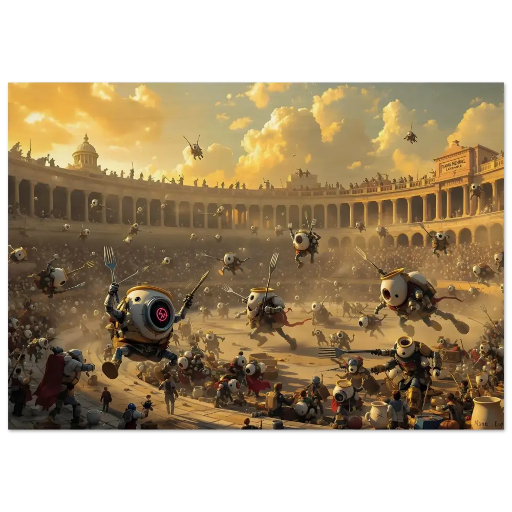 Robotic gladiatorial arena scene on Wood Print – Battle of the Breakfast Bots PixiOnyx Rustic Riot Edition