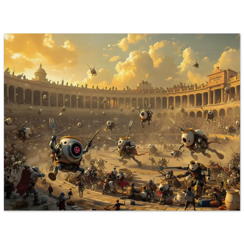 Robotic gladiatorial arena on Wood Print Battle of the Breakfast Bots PixiOnyx Rustic Riot Edition