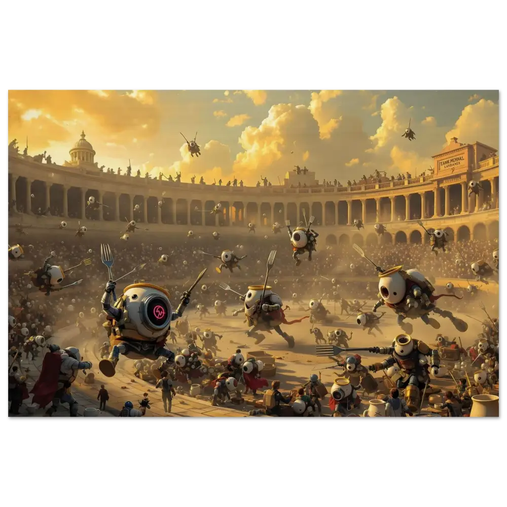 Robotic gladiatorial combat illustration on Wood Print Battle of the Breakfast Bots PixiOnyx Rustic Riot Edition