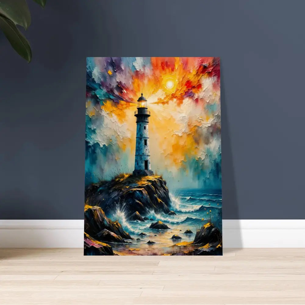 Vibrant impressionistic lighthouse painting on sustainably sourced plywood with visible natural grain