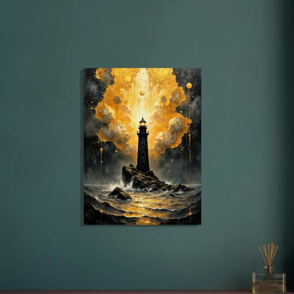 Handcrafted wood print of a lighthouse on rocky outcrop in turbulent waters with dramatic sky