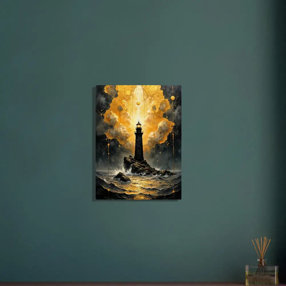 Handcrafted wood print of a vibrant abstract lighthouse scene capturing nature meets mysticism