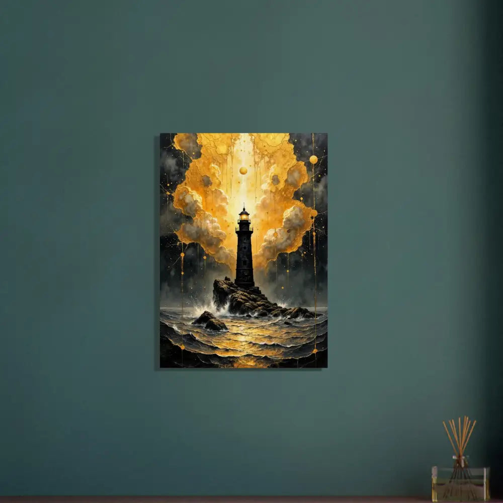 Handcrafted wood print of lighthouse on rocky sea under golden stormy sky, nature meets mysticism