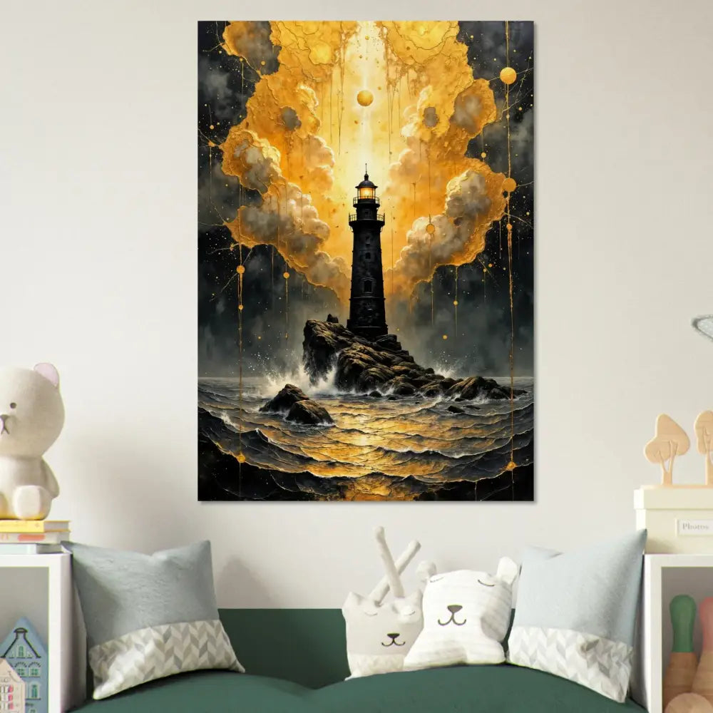 Handcrafted wood print of a lighthouse on rocky outcrop in golden sea under cloudy sky