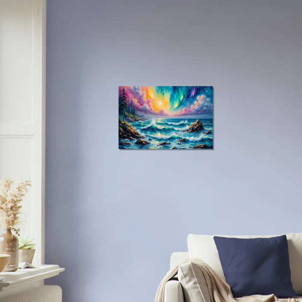 Wood Print Celestial Tide aurora seascape showcasing vibrant, colorful nature meets stormy sea
