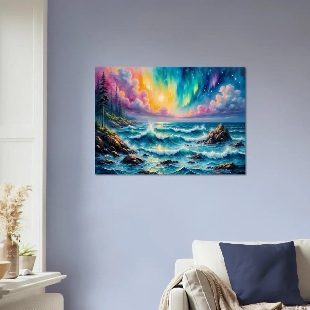 Vibrant celestial tide aurora seascape painting of a stormy sea on wood by PixiOnyx