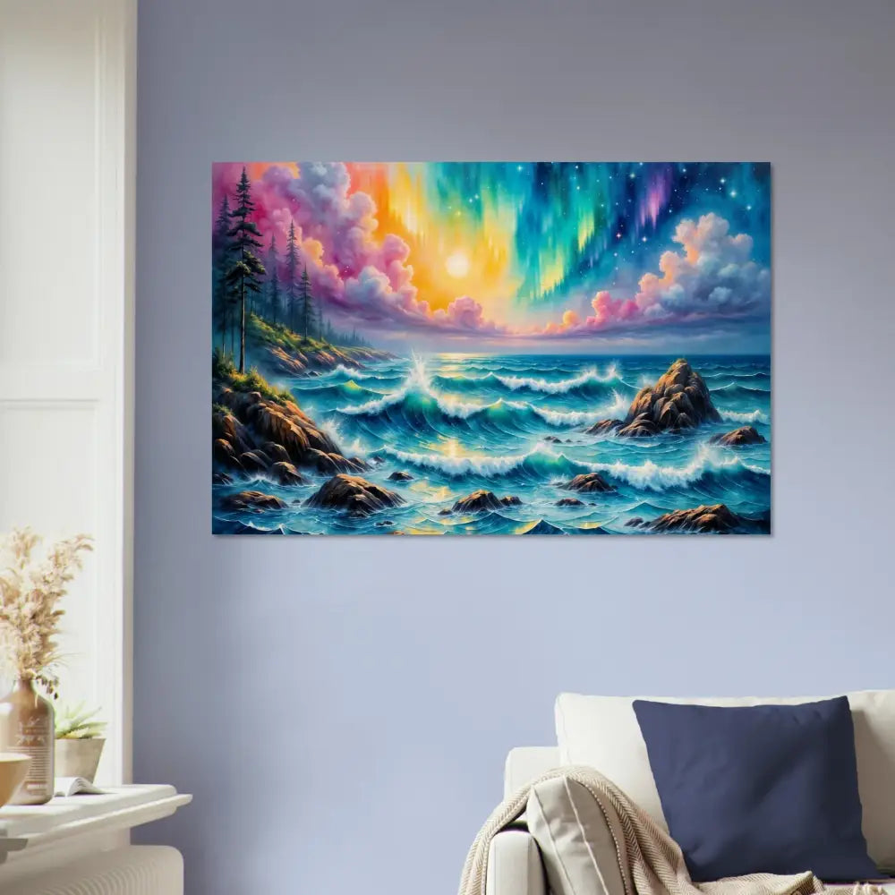 Vibrant celestial tide aurora seascape wood print of stormy rocky ocean under colorful aurora