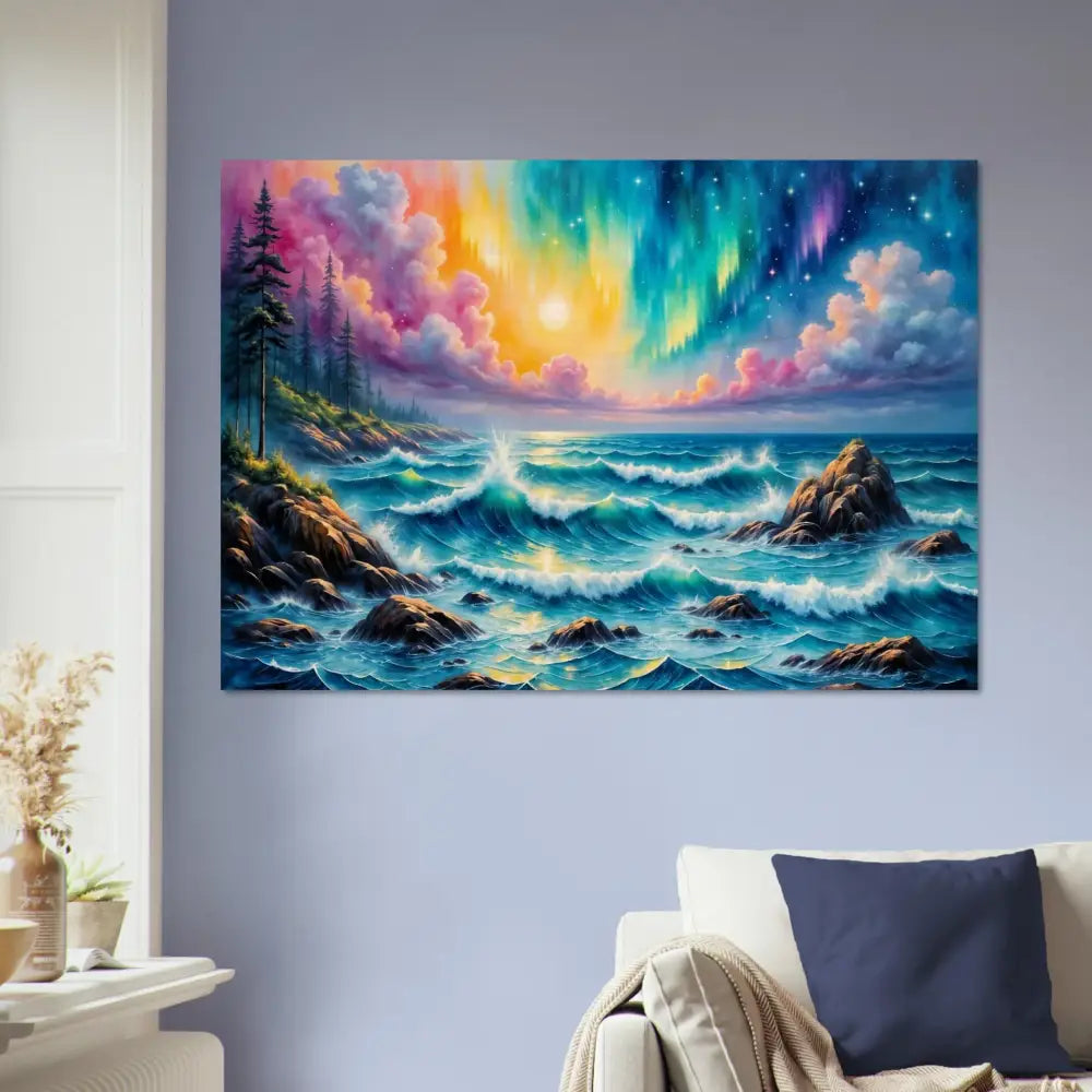 Celestial Tide aurora seascape wood print showing vibrant aurora borealis over stormy sea