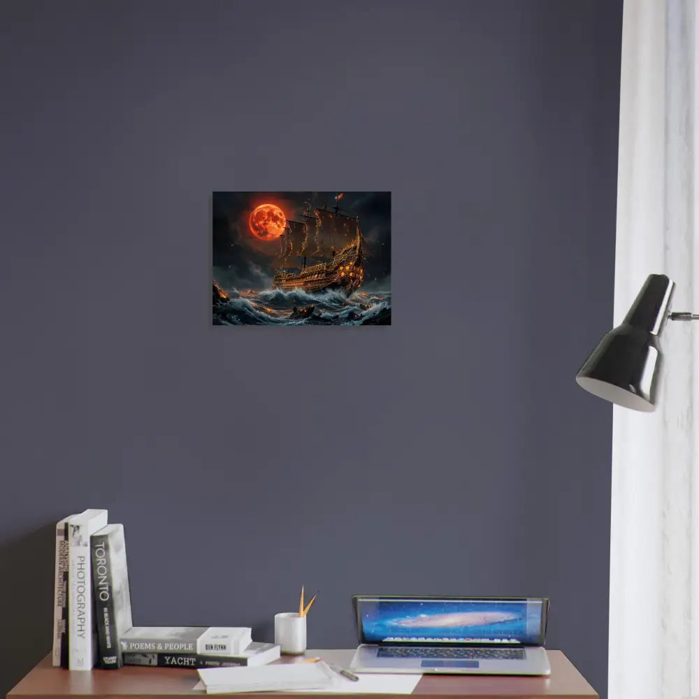 Wood print of blood moon armada featuring a ship on stormy seas under a red moon