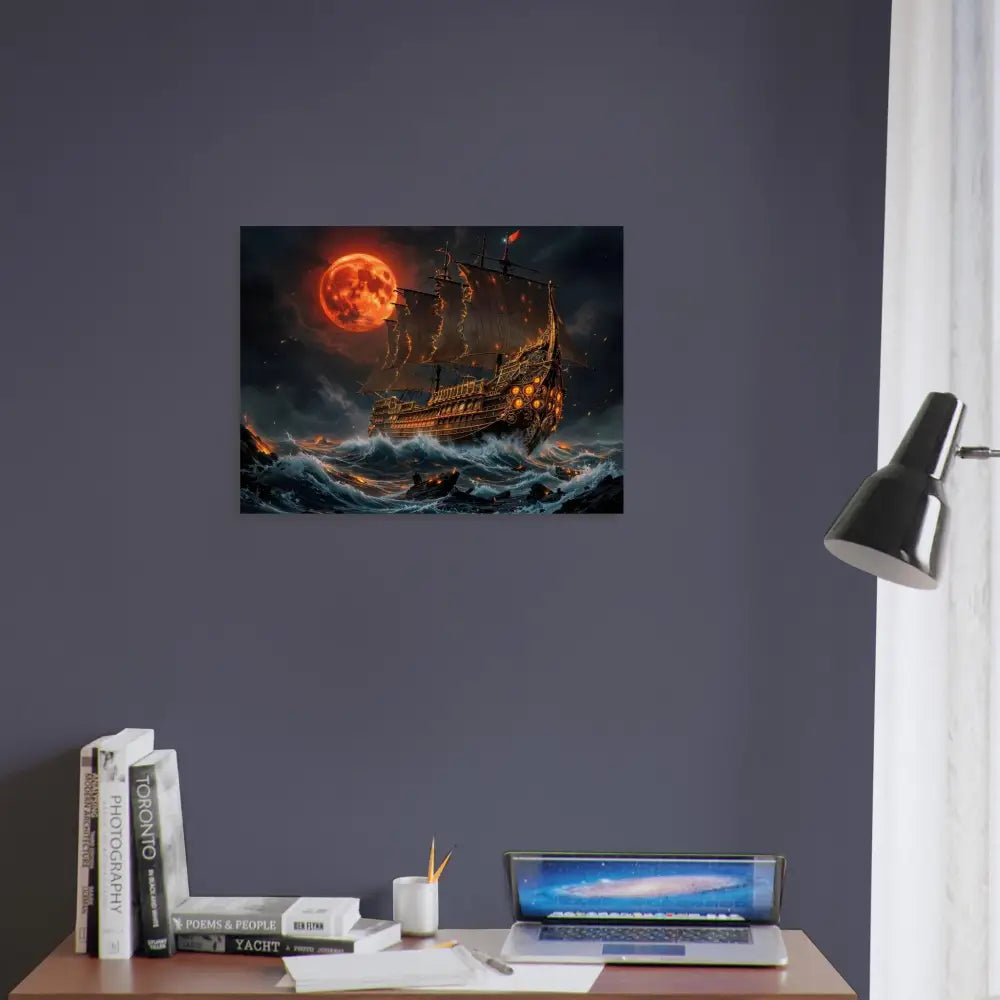Wood print of the Blood Moon Armada ship on a stormy sea under a blood moon