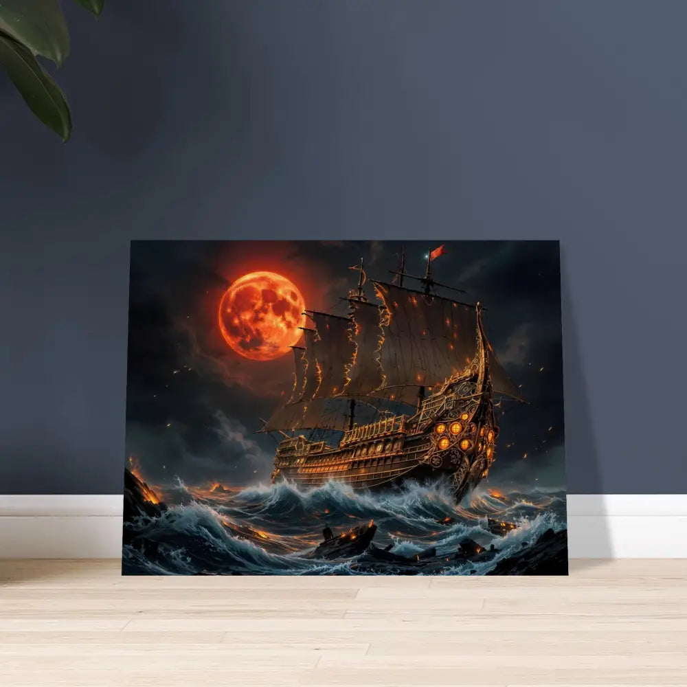 Wood print featuring a blood moon armada pirate ship on a stormy sea under a blood moon