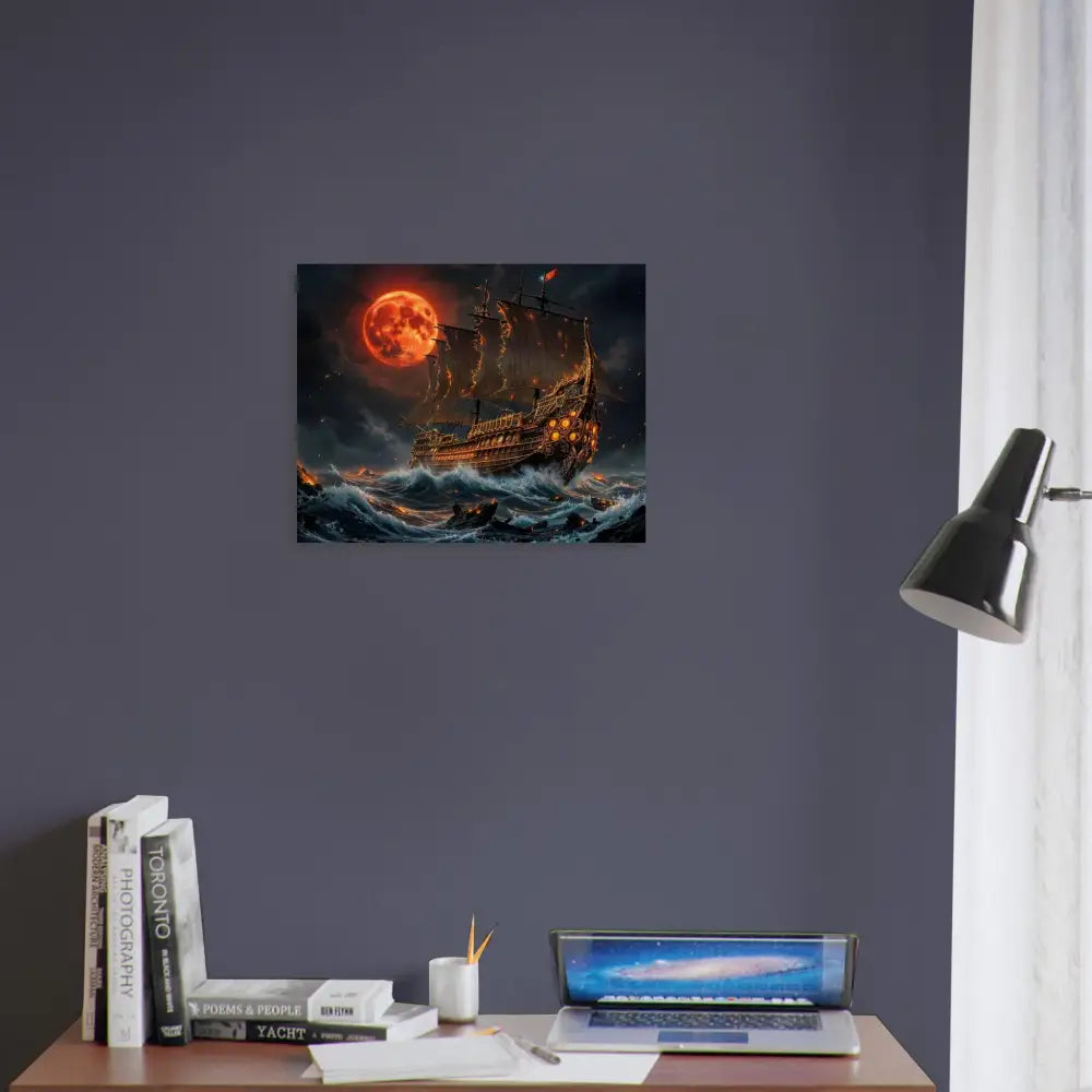 Wood print of the Blood Moon Armada featuring a pirate ship on rough seas under a blood-red moon