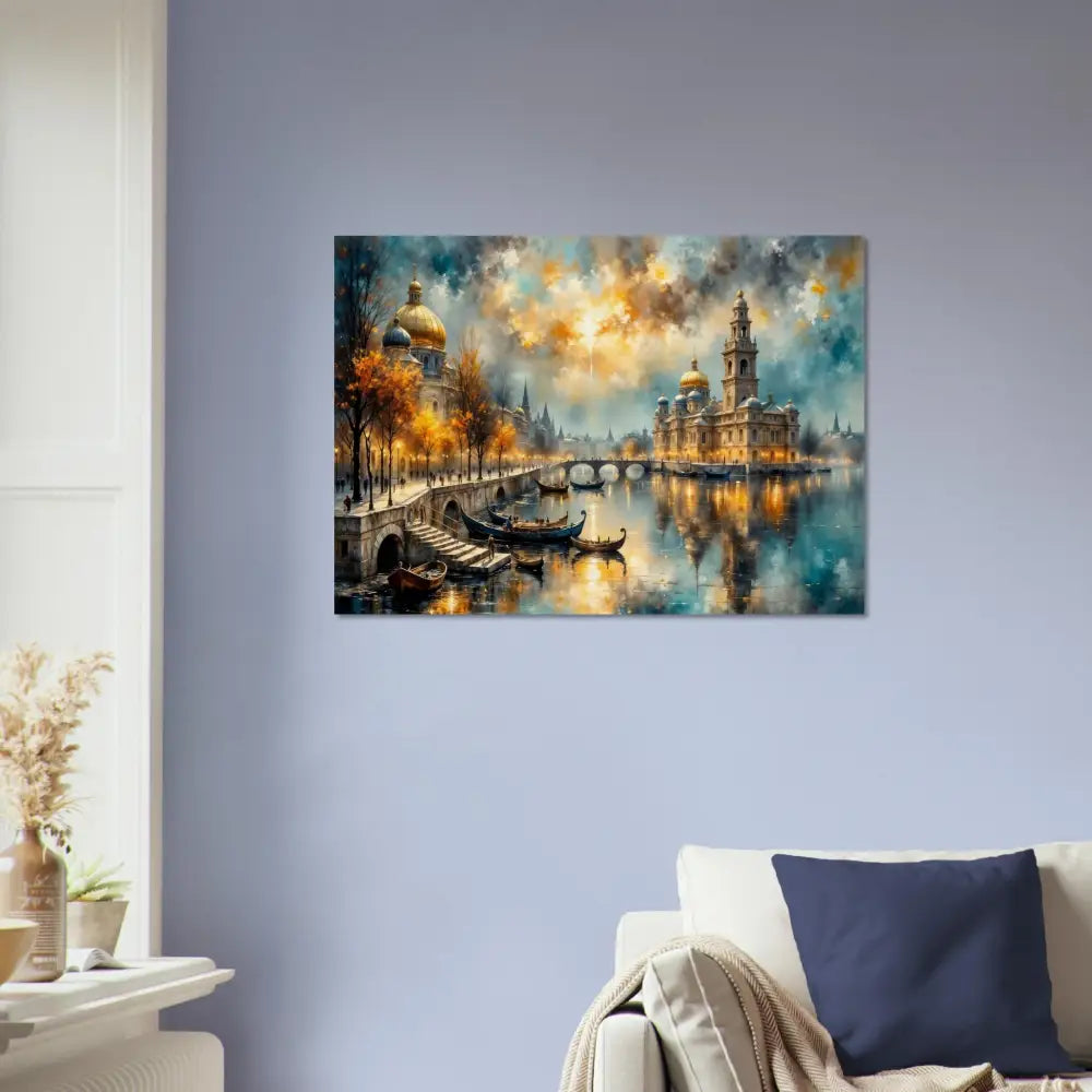 Wood print of a vibrant European canal city scene showcasing organic texture meets celestial art