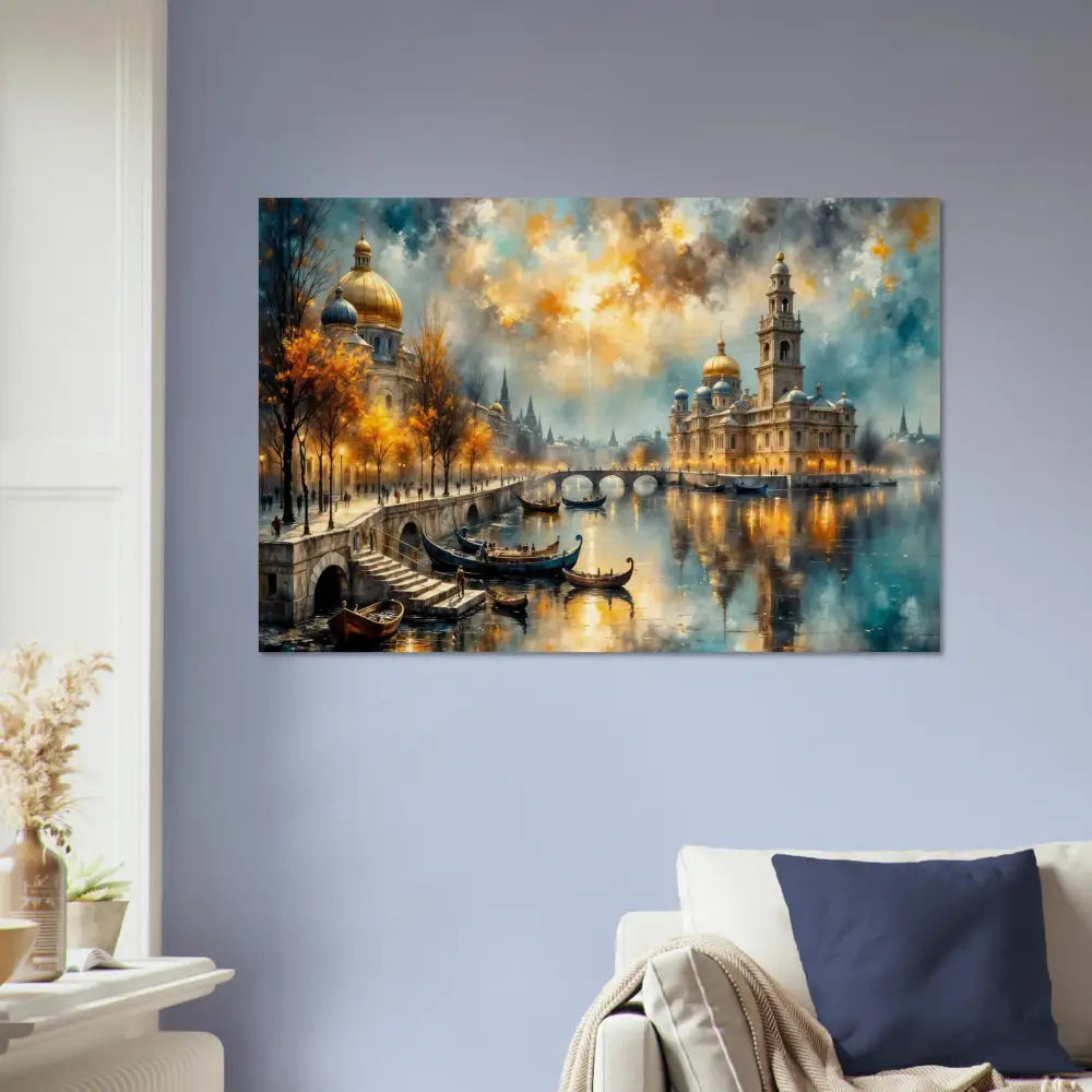 Wood print of a vibrant cityscape with river bridges boats and golden domes showcasing organic texture meets celestial