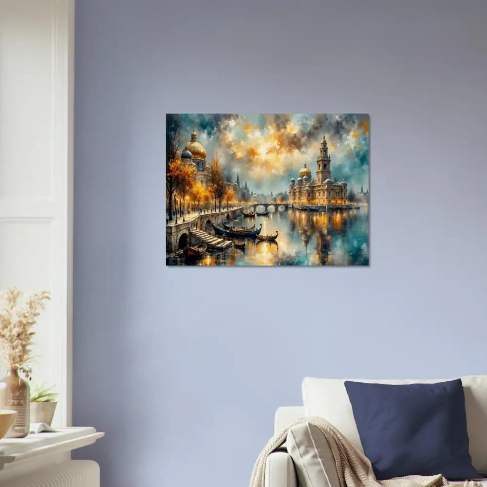 Wood print of a vibrant European canal city at dusk with organic texture meets celestial feel