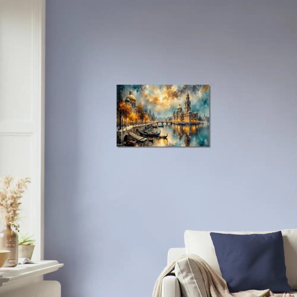 Wood print featuring vibrant watercolor cityscape with river and boats organic texture meets celestial