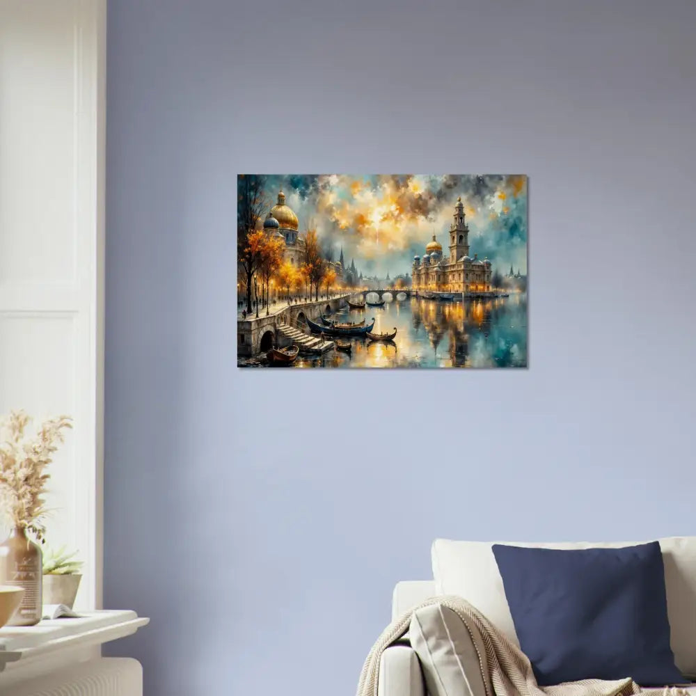 Wood print of vibrant watercolor European city by river at sunset with organic texture meets celestial