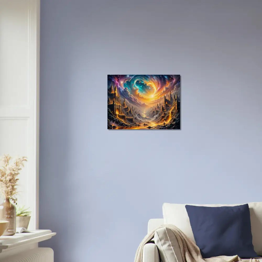 Vibrant fantasy artwork of Eclipsed Citadel under swirling colorful sky for PixiOnyx Natural Fantasy Glow wood print