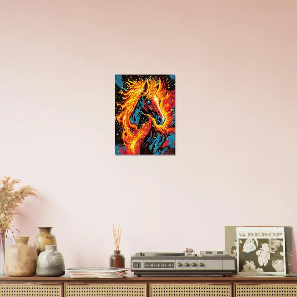 Vibrant fiery surreal stallion painting on PixiOnyx Natural Display Equinox Ablaze etched