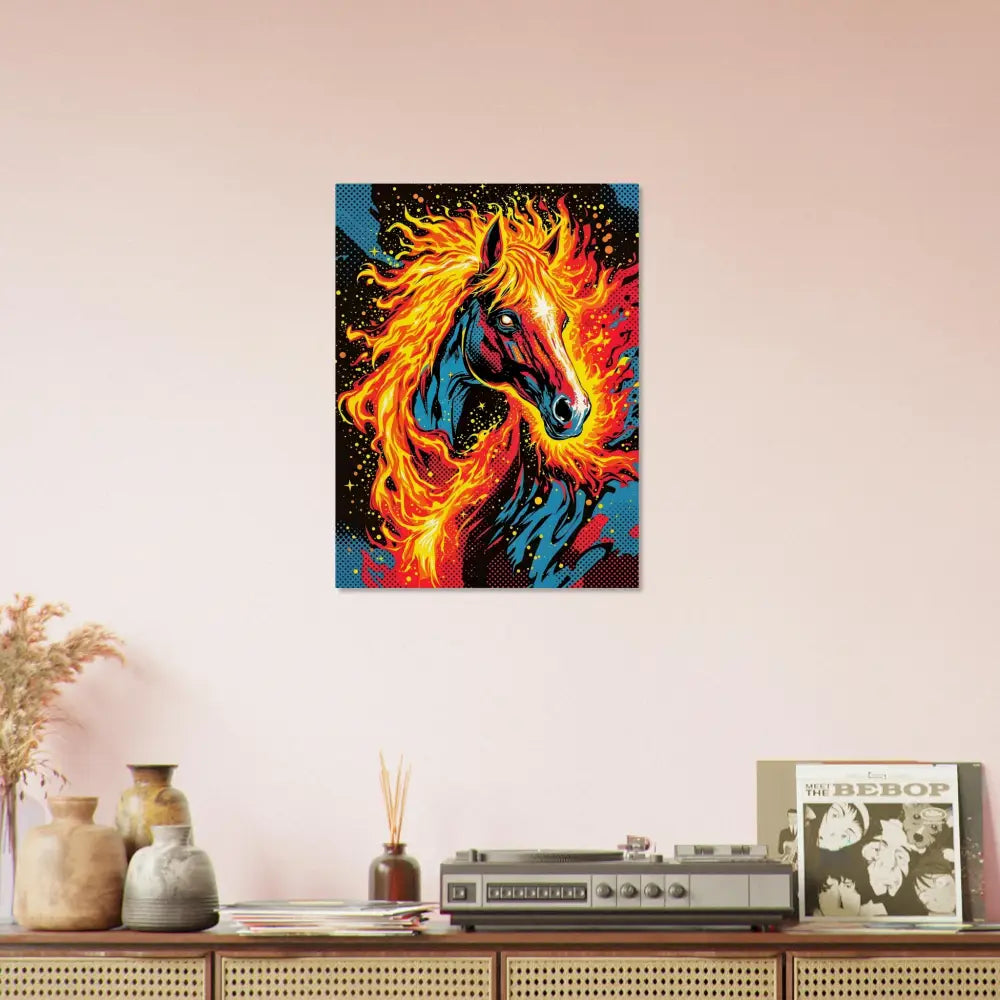 Fiery surreal stallion canvas print in vibrant pop art style on PixiOnyx Natural Display