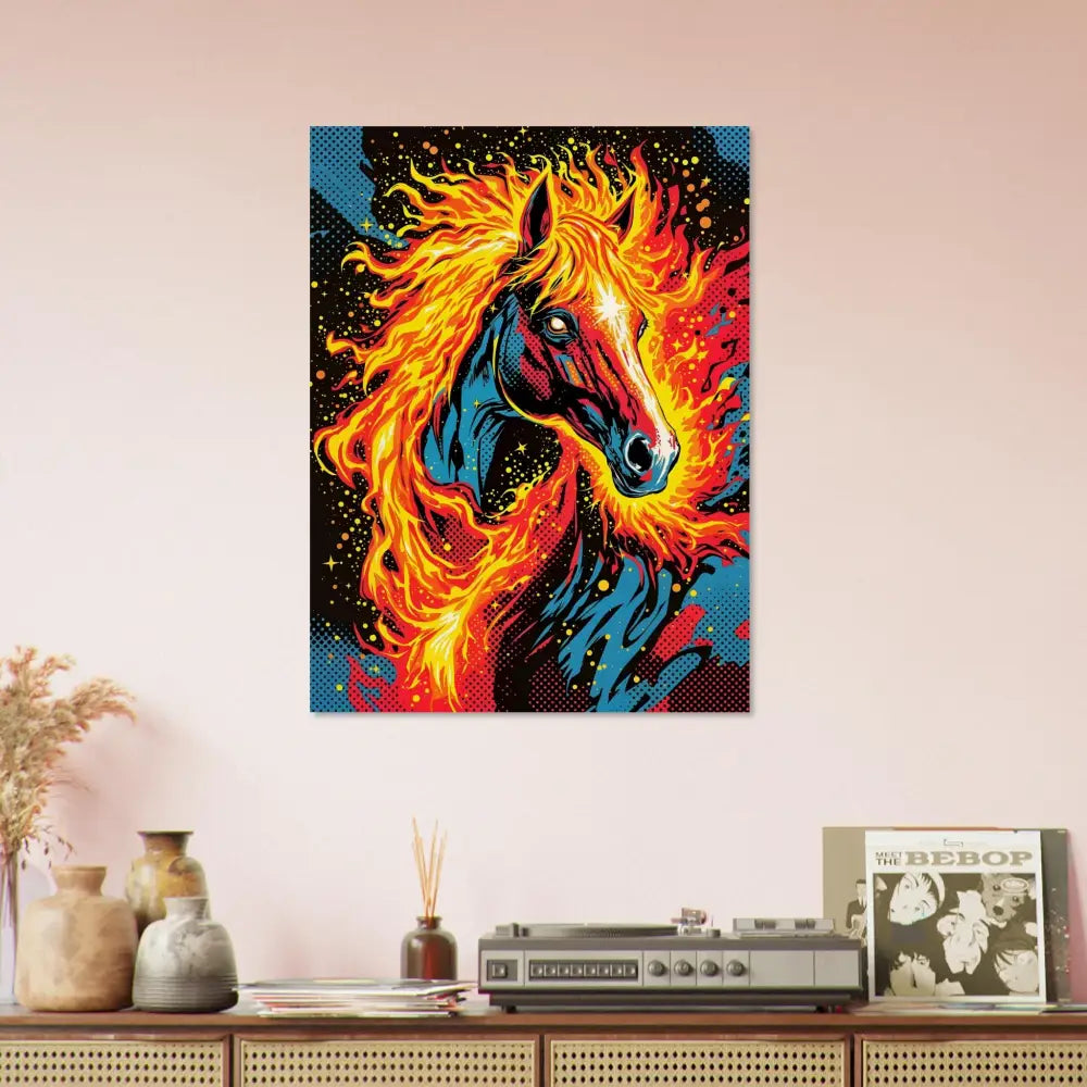 Vibrant pop art fiery surreal stallion painting on PixiOnyx Natural Display for Equinox Ablaze Etched