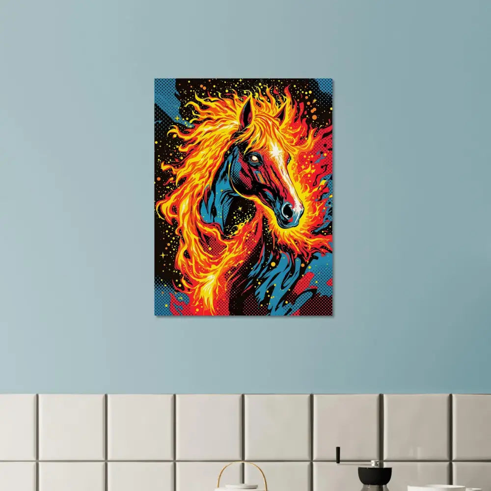 Fiery surreal stallion canvas print on PixiOnyx Natural Display in Equinox Ablaze etched style