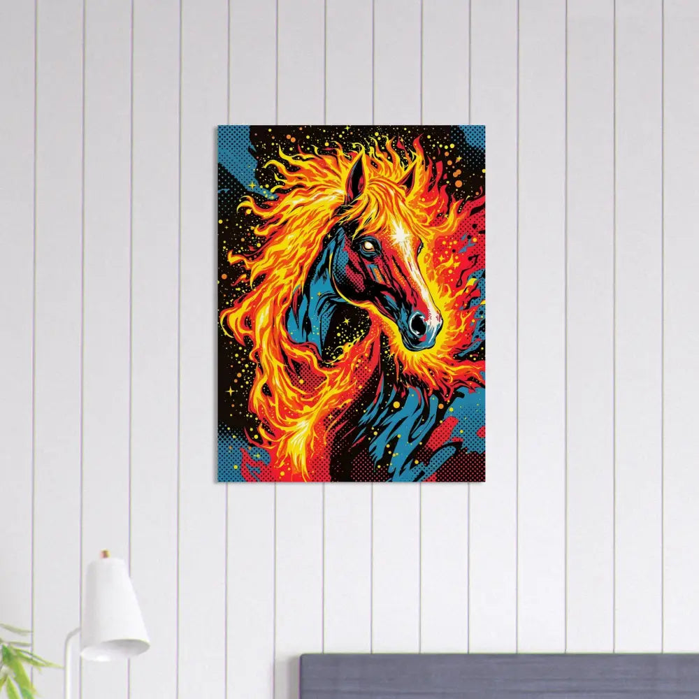 Fiery surreal stallion pop art painting on PixiOnyx Natural Display for Equinox Ablaze etched artwork