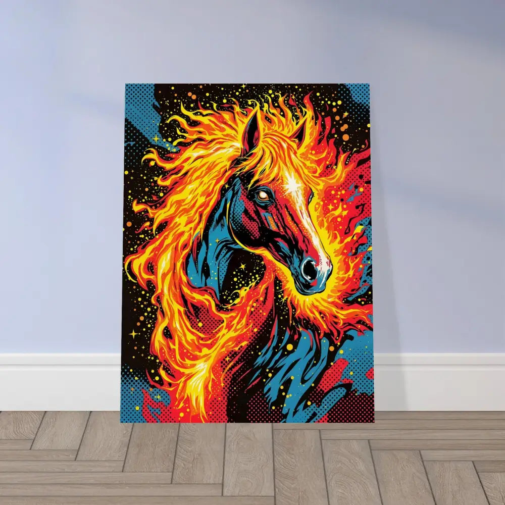 Vibrant pop art canvas of a fiery surreal stallion with fiery mane on PixiOnyx Natural Display